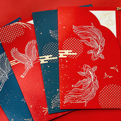 Red Art Paper Laser Cut Wedding Cards With Ribbon Printing Logo